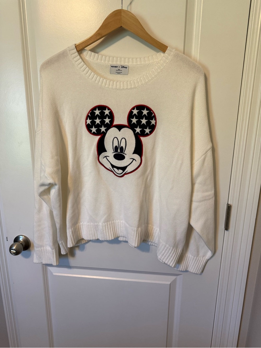 Old Navy White Mickey Flag-Print Crewneck Sweater